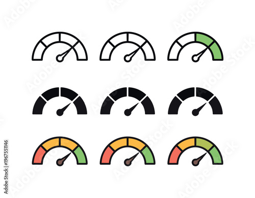 Efficient output outcome expressed through repeated dashboard chart gauge symbols placed horizontally, same semicircular dial