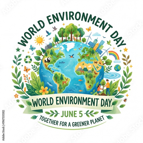 Detailed hand-drawn doodle illustration for World Environment Day June 5th with Earth, animals, and ecology typography.