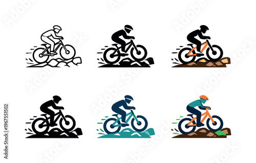 Depiction of off road cycling adventure conveyed through a symbolic form that suggests rugged terrain traversal, balance control,