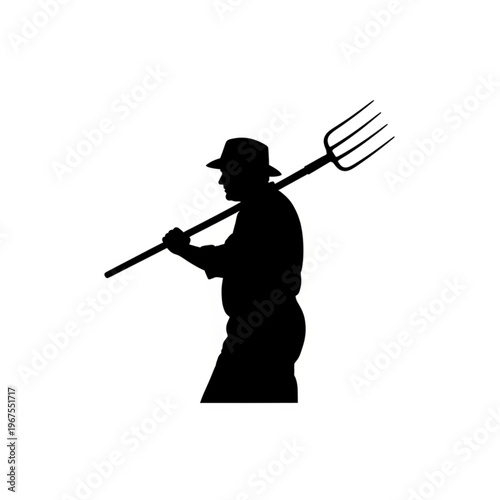 Farmer Silhouette Holding Pitchfork Illustration.