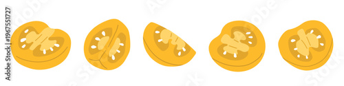 set of yellow Flat vector tomato in line with sliced,half pieces. Cute vegitable collection isolated on light background.