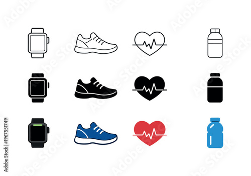 Icon object one for smartwatch, icon object two for running shoe, icon object three for heart rate, and icon object four for