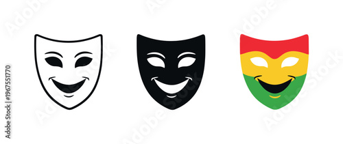 Discovering local traditions involves theatrical mask symbols positioned side by side in a straight horizontal arrangement, same