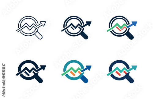 Symbol representing analysis of future financial trends, combining a rising and falling line graph integrated with a magnifying