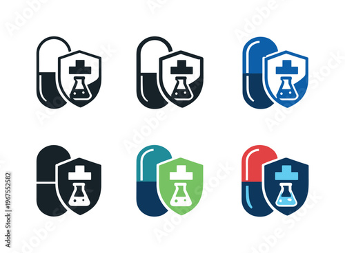 Symbol representing medical treatment innovation, combining a capsule pill silhouette with a protective cross and a subtle