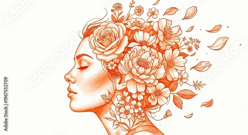 Artistic Illustration of a Woman with Flowers Blooming from Her Head Symbolizing Mental Health, Growth, and Inner Beauty