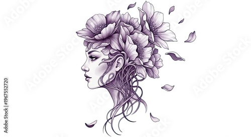 Artistic Illustration of a Woman's Profile with Blooming Flowers in Her Hair, Elegant Floral Portrait on White Background