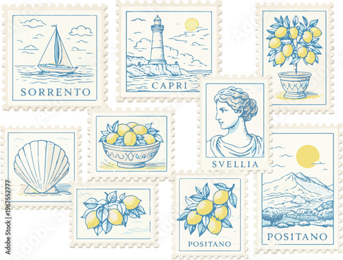 Vintage Italian postage stamps collection with 10 vector illustrations, retro Amalfi coast travel stickers, hand drawn lemon and Mediterranean landscape postage set for summer vacation branding