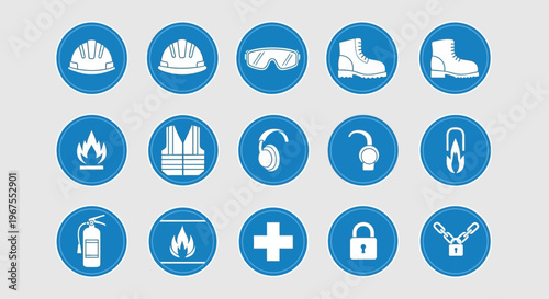 Blue Safety Icons Set for Fire Safety, First Aid, and General Precautions, on a Light Gray Background.