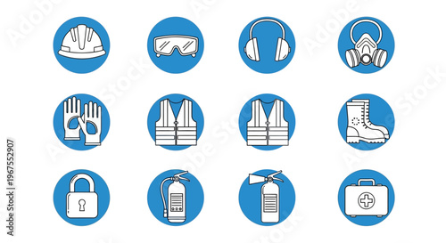 Blue Safety Icons Set for Personal Protection, Fire Safety, and First Aid, on a Light Gray Background.