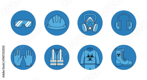 Blue Safety Icons Set for Personal Protective Equipment (PPE) against Hazards, on a Light Gray Background.