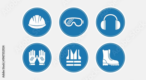 Set of Blue Personal Protective Equipment Icons Including Hard Hat, Safety Glasses, Earmuffs, Gloves, Safety Vest, and Safety Boots in a Bright Studio