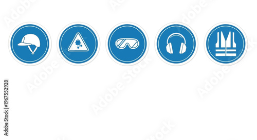 Set of Blue Personal Protective Equipment Icons Including Hard Hat, Warning Sign, Safety Glasses, Earmuffs, and Safety Vest on an Isolated White Background