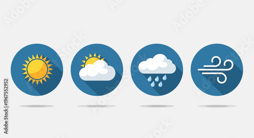 Set of Blue Weather Icons with Sun, Clouds, Rain, and Wind in a Bright Studio