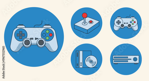 Blue Video Game Controller, Joystick, Gaming Console, and CD/DVD Icons on an Isolated White Background