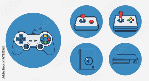 Blue Video Game Controller, Joystick, Gaming Console, and CD Icons on an Isolated White Background