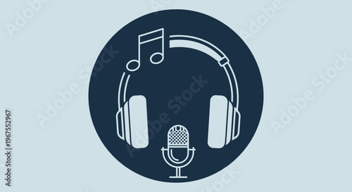 Blue Music Headphones and Microphone Icon with Music Notes on an Isolated White Background