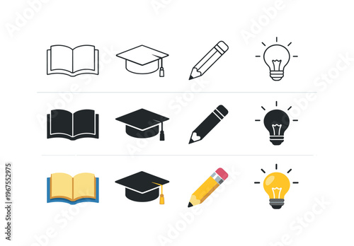 Book for knowledge, graduation cap for achievement, pencil for writing, and light bulb for ideas. Compose a strict 3:2 canvas