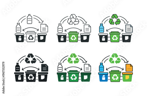 Eco recycling icon showing bins, arrows, and recyclable items arranged to illustrate the recycling process, illustrated six times