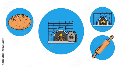 Traditional Bread Baking Icons with Loaf of Bread, Brick Oven, and Rolling Pin in Blue Circles, Isolated White Background.