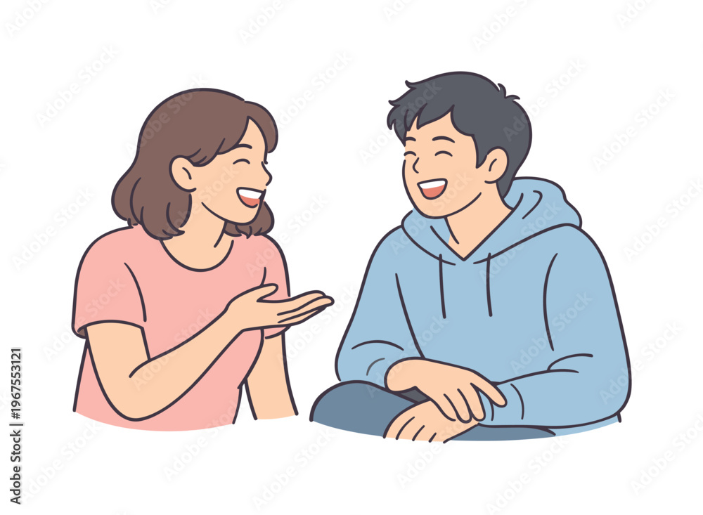Fototapeta premium Two friends enjoying casual conversation and laughing together, relaxed posture and natural connection without extra props,