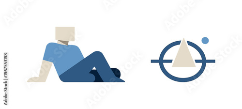 Calm Clarity in Abstraction. Person resting in an open white field with one resolved abstract symbol nearby, presenting deliberate