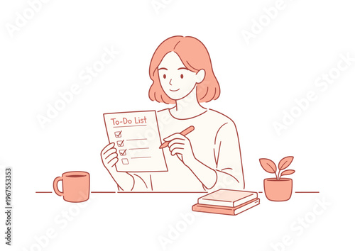 Woman calmly reviewing to do list as daily habit, friendly proportions and steady posture capturing mindfulness and everyday