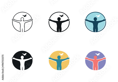 Symbol representing a sense of inner liberation and emotional balance, combining a human silhouette with open arms, a subtle bird