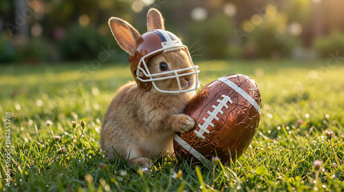 Cute fluffy bunny wearing an American football helmet sitting on green grass and holding a chocolate Easter egg wrapped in football foil. Funny sports and holiday concept