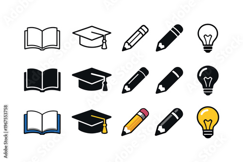 Book for knowledge, graduation cap for achievement, pencil for writing, and light bulb for ideas. Render on a strict 3:2 canvas