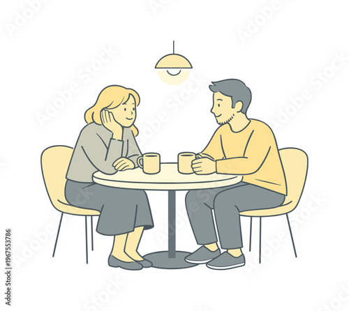 Couple sitting cafe table in an evening scene and enjoying shared time together, calm expressions and balanced composition,