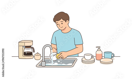 Man rinsing coffee cups in sink during quiet break, minimal counter line and simple dishware as context props, minimalist flat