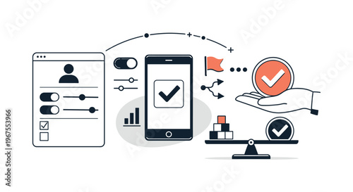 Minimalist Payment Decision Scene. Modern minimal flat vector conceptual collage, crisp hard edges, consistent THIN outline stroke