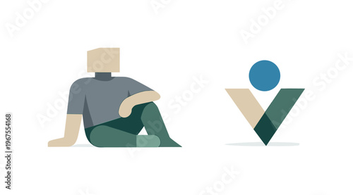Calm Abstraction Scene. Person resting in an open white field with one resolved abstract symbol nearby, presenting deliberate