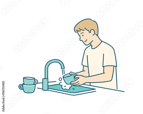 Man rinsing coffee cups at kitchen sink after breakfast, minimalist flat vector illustration with thin clean uniform outline