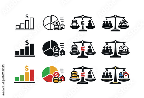 Icon object one for earnings levels, icon object two for wealth allocation, icon object three for inequality measurement, and