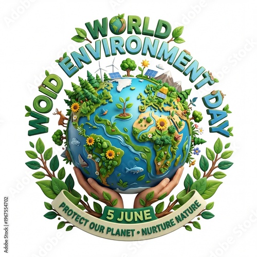  3D typography illustration for World Environment Day June 5 with Earth globe, animals, solar panel, wind turbine, and green nature elements.