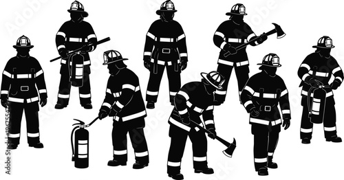 Firefighter silhouettes with equipment and tools, emergency rescue team poses, black vector illustration isolated on white background design