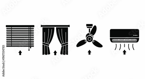 Window Blinds Curtains Ceiling Fan Air Conditioner Black Vector Icons Set