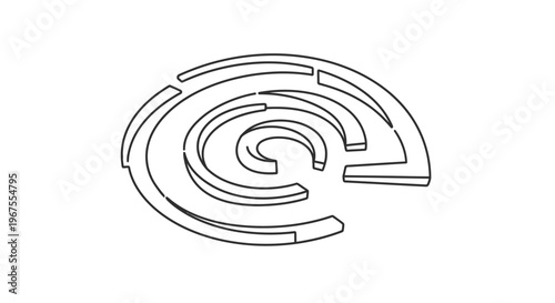 Stylized abstract 3D geometric maze with concentric broken arcs, black and white line art illustration representing complexity and design.