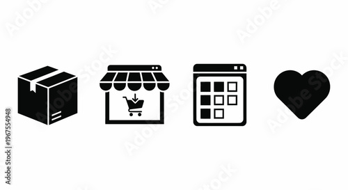 E-commerce Icons Set with Box, Store, App and Heart