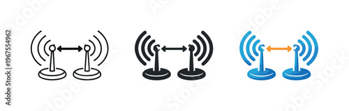 Data exchange unfolds through matching wireless signal hubs positioned side by side, identical central nodes and radiating wave