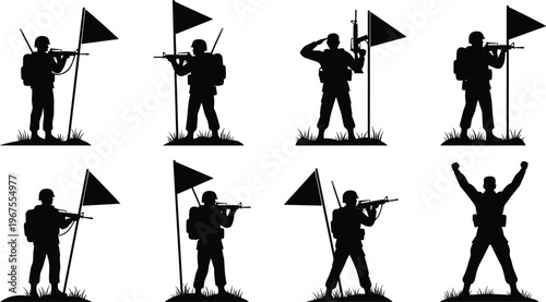 Soldier silhouettes with flag and rifle, military victory and patrol poses set, black vector illustration isolated on white background
