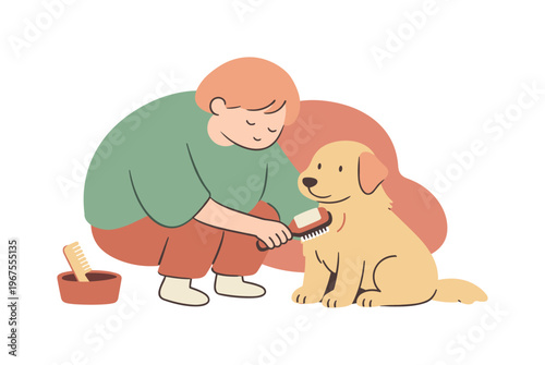 Soft person leans forward brushing a dog carefully, focusing on one section while the pet sits calmly | scene of person brushing