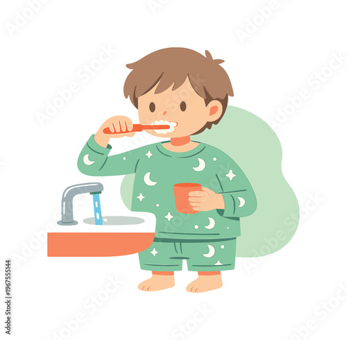 Fresh child brushes teeth at sink before sleep as water runs softly and pajamas show a calm nightly routine before bedtime now