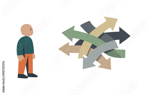 Individual facing overlapping path markers that blur direction, reflecting uncertainty in career shaping. Stylized editorial