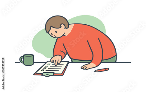 Soft person leans forward checking a task list, pausing at one item while the desk remains uncluttered | scene of person checking