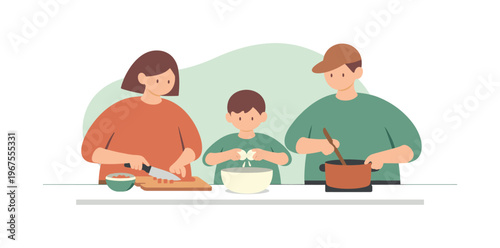 Quiet family cooks together at a kitchen counter as simple ingredients are shared and the open space feels calm | scene of family