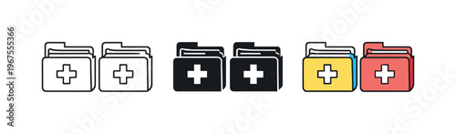 Treatment workflow unfolds through matching patient files positioned side by side, identical folder shapes and tabs centered with