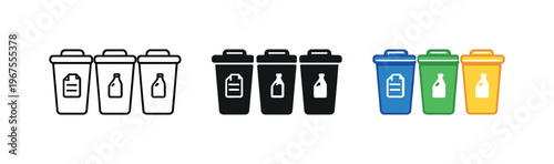 Separating materials unfolds through matching trash containers positioned side by side, identical proportions and openings